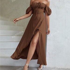 PARTHEA Brown Off Shoulder Ruched
Bust Split Thigh Dress XL